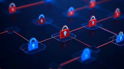 Network Security Concept with Red and Blue Locks on Digital Grid in Futuristic Technology Environment