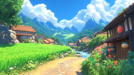 Anime countryside village, peaceful scenery.