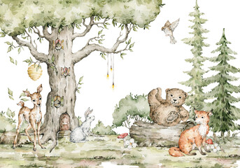Watercolor composition with forest animals and natural elements. Deer, fox, bear, green trees, pine, fir, flowers. Woodland fairy creatures in the wild. Illustration for nursery, wallpaper