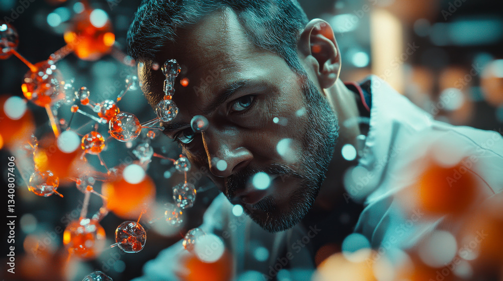 Poster scientist analyzing molecular structure in a modern laboratory with vibrant elements during a resear