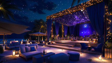 Elegant outdoor dining setup under a starry sky at a beachside location in the evening