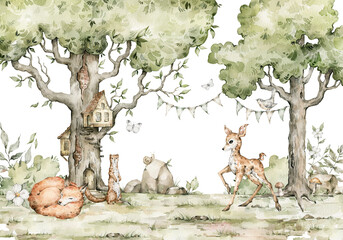 Watercolor composition with forest animals and natural elements. Deer, fox, stoat, green trees, treehouse. Woodland fairy creatures in the wild. Illustration for nursery, wallpaper © Kate K.