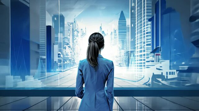 A woman engages with an AI, poised at the threshold of a vibrant digital landscape, symbolizing the harmonious blend of creativity and technology in a futuristic world