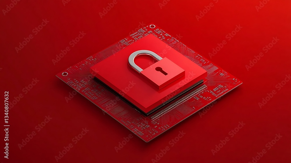 Poster red computer chip with padlock symbolizing data security and digital protection in technology