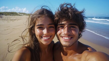 Fototapeta premium Young Couple Taking a Romantic Selfie at the Beach Under the Sun