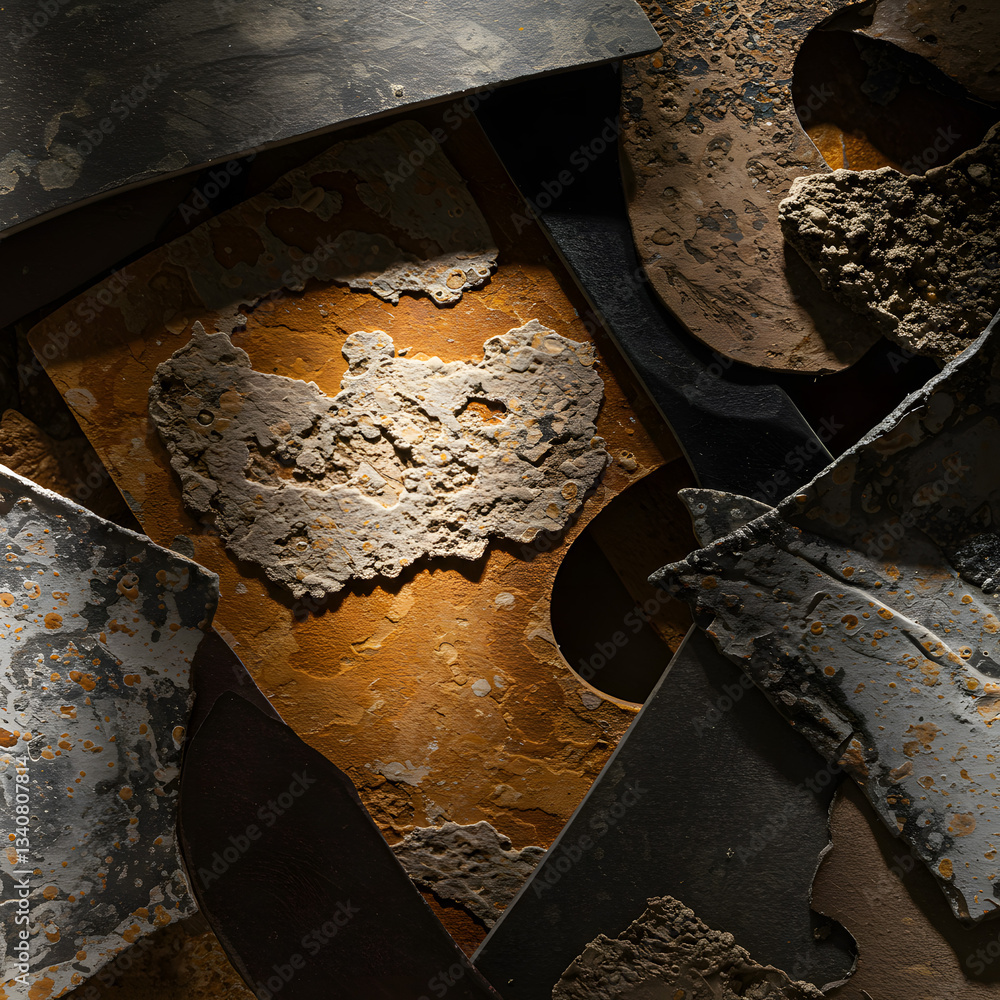 Poster Abstract Textured Composition: A close-up shot of a modern abstract composition featuring weathered metal plates, creating a visually arresting interplay of texture, color, and form. 