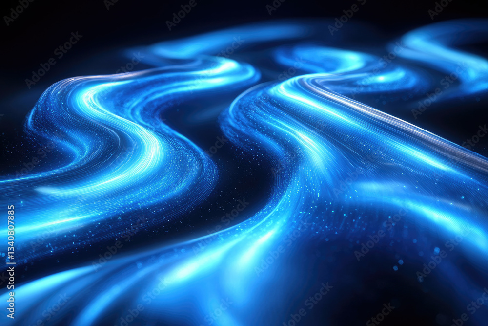 Poster abstract glowing blue waves flowing in dark space, creating a mesmerizing cosmic energy effect.