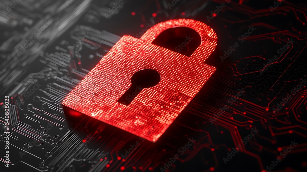 Poster red digital lock symbol on circuit background representing cybersecurity and data protection themes