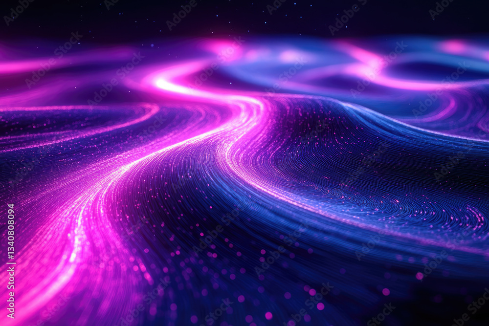 Poster abstract flowing neon waves of pink and blue light, creating a futuristic and ethereal digital lands