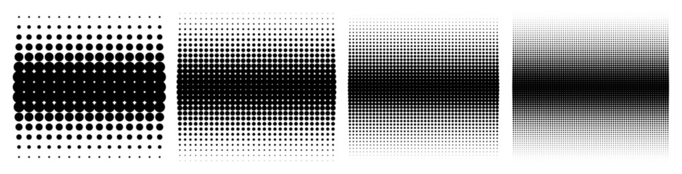 Set of halftone circle dots gradient pattern textures. Half tone dots backgrounds. Horizontal templates using halftone dots pattern. Vector illustration