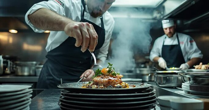 A chef plates a gourmet dish in a professional kitchen with steam rising focus on plated food, white and black uniforms