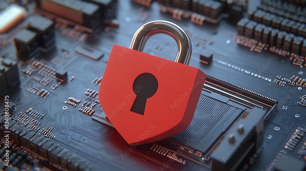 Poster red lock symbol on circuit board background representing digital security and data protection concep