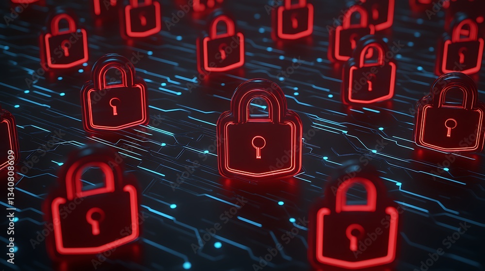 Poster red neon lock icons on a digital circuit background representing cybersecurity and data protection
