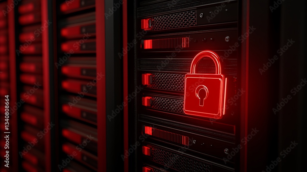Poster red neon lock icon on server rack representing cybersecurity and data protection in modern data cent