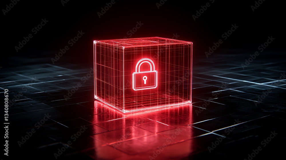 Poster red neon lock symbol on transparent cube representing digital security and data protection concepts