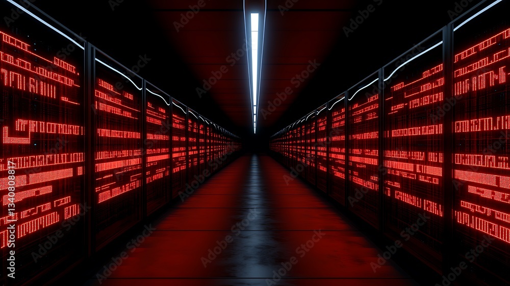 Poster red neon tunnel in data center with server racks and digital displays illuminating a futuristic envi
