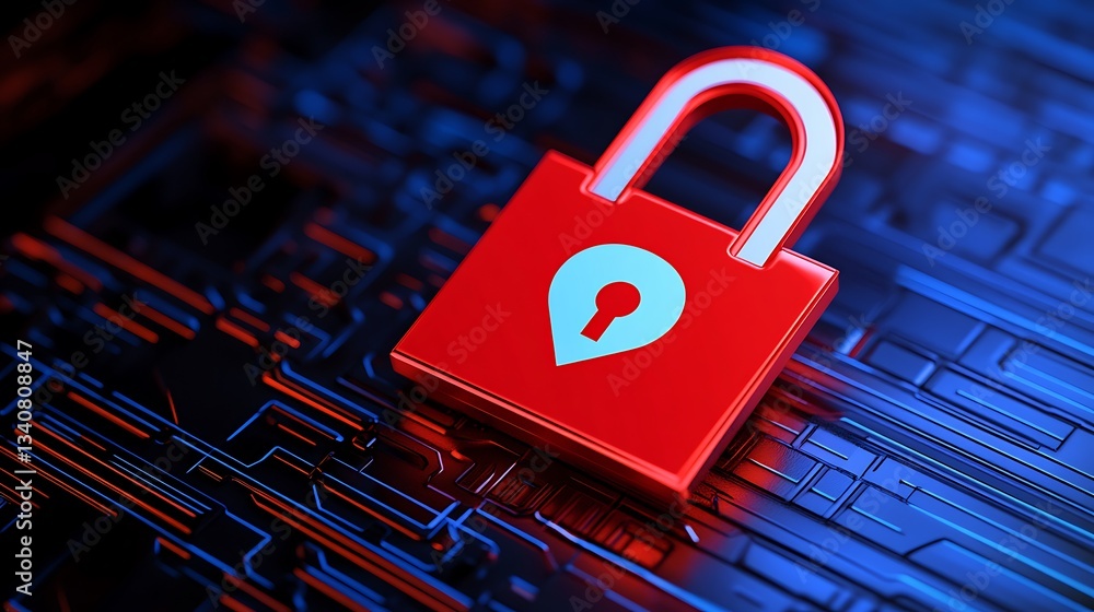 Poster red padlock icon on a futuristic digital circuit board background signifying cybersecurity and data 