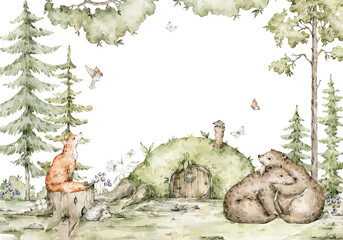 Watercolor composition with forest animals and natural elements. Bears, fox, green trees, pine, fir. Woodland fairy creatures in the wild. Illustration for nursery, wallpaper