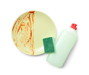 Dirty plate, detergent and sponge on white background. Top view