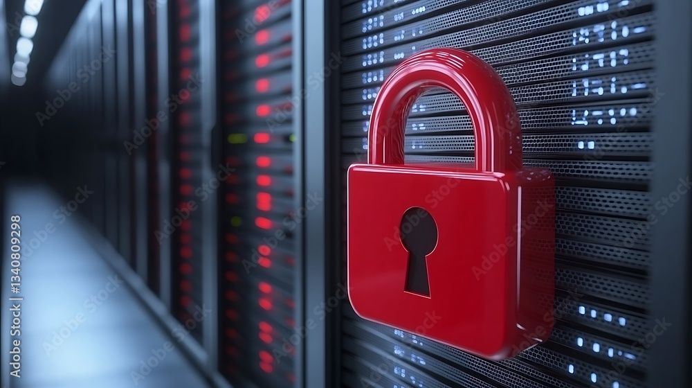 Poster red padlock on server rack representing data security and protection in a modern technology environm