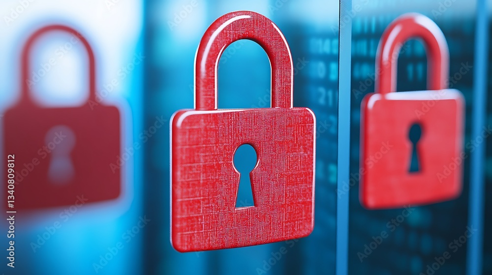 Poster red padlock symbolizing digital security and data protection on a blue background with abstract tech