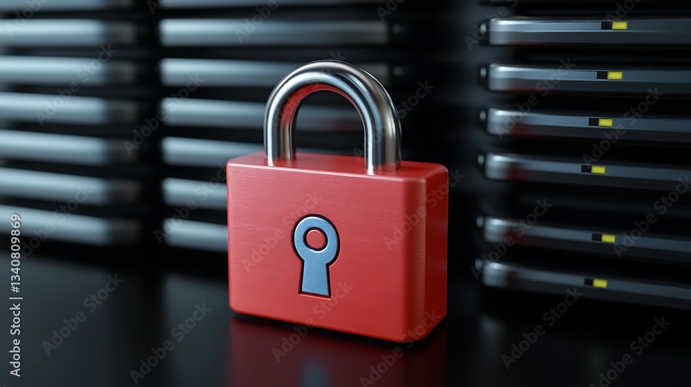 Poster red padlock with keyhole against background of blurred hard drives representing data security and pr