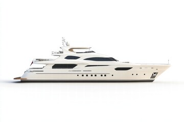 A luxury yacht isolated on a white background, showcasing its elegant design, spacious deck, and high-end features