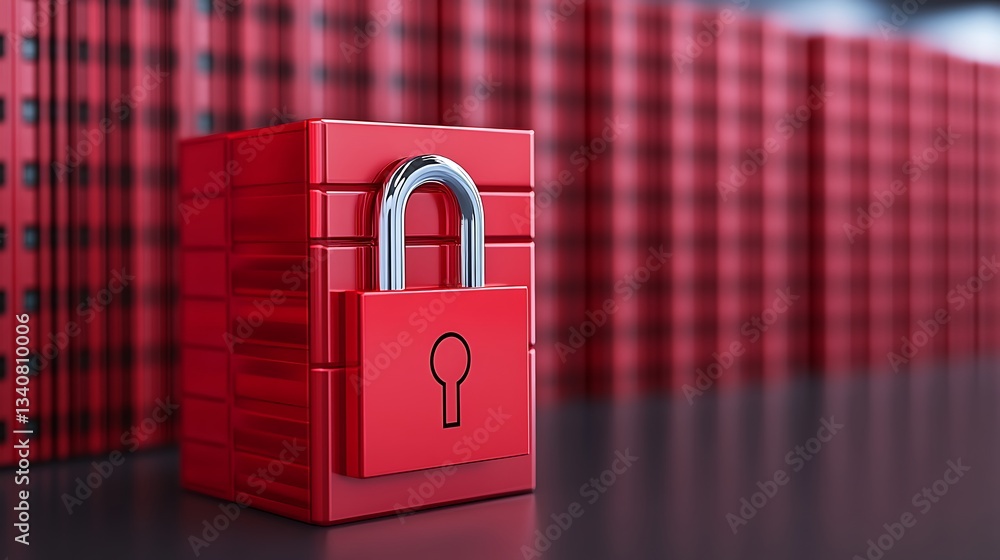 Poster red security lock in front of rows of storage boxes, representing safety and protection of valuable 