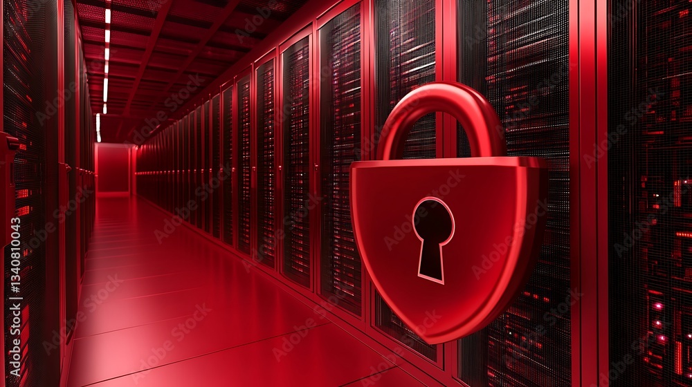 Poster red server room with digital lock symbol representing data security and cyber protection concepts