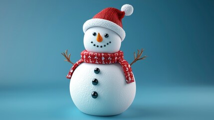 Cheerful Snowman with Red Hat and Scarf on Blue Background
