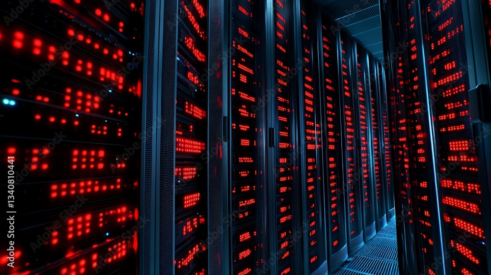 Poster rows of servers with bright red led lights in a high-tech data center environment at night