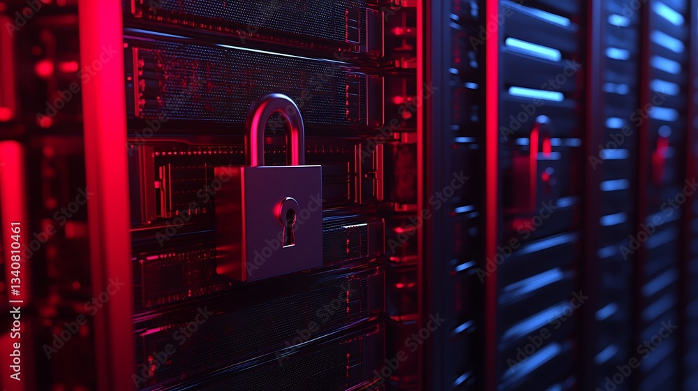 Poster secure data center concept with padlock on server rack highlighted by neon lighting effects and tech