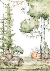 Watercolor composition with forest animals and natural elements. Fox, bear, green trees, pine, fir, flowers. Woodland fairy creatures in the wild. Illustration for nursery, wallpaper © Kate K.