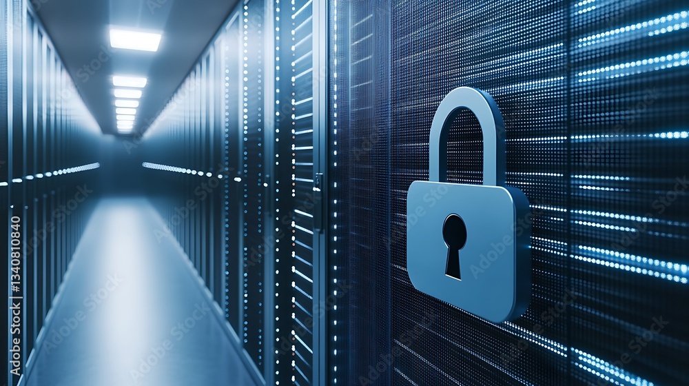 Poster secure data center with lock symbol representing data protection and cybersecurity measures in moder