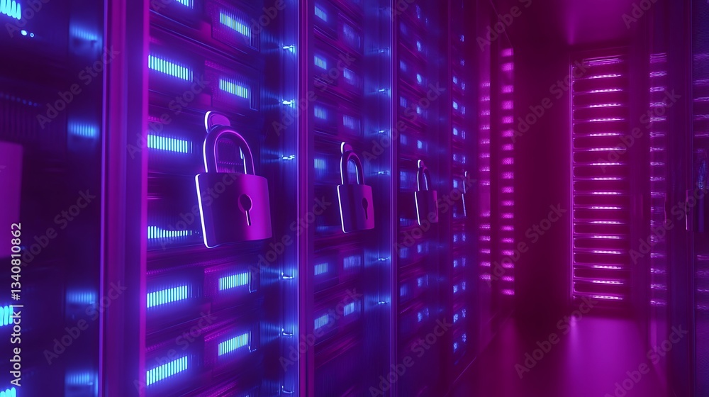 Poster secure data center with neon lights and digital locks in futuristic ambient environment