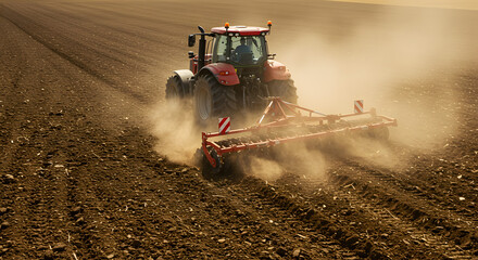 Agricultural Prowess: A vibrant, red tractor efficiently tills the fertile earth of a vast field, kicking up a cloud of dust, readying the land for cultivation, under the sun.