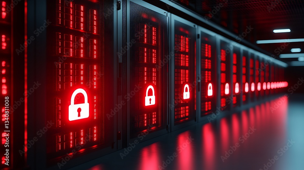 Poster secure data center with red lights and locked servers representing cybersecurity and data protection
