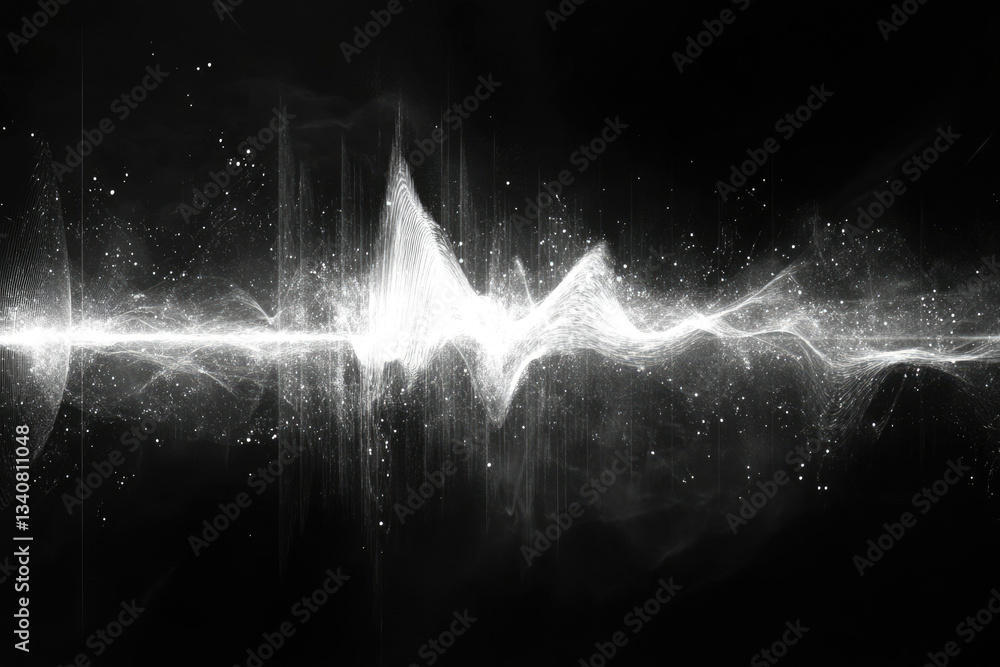 Poster abstract wave form of white particles on a transparent background, digital art.