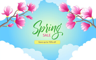 Spring sale banner with blooming flowers, blue sky background and clouds. Pink magnolia tree branches blossom. Vector illustration with copy space. Special offer flyer, web ads, event invitation, etc.