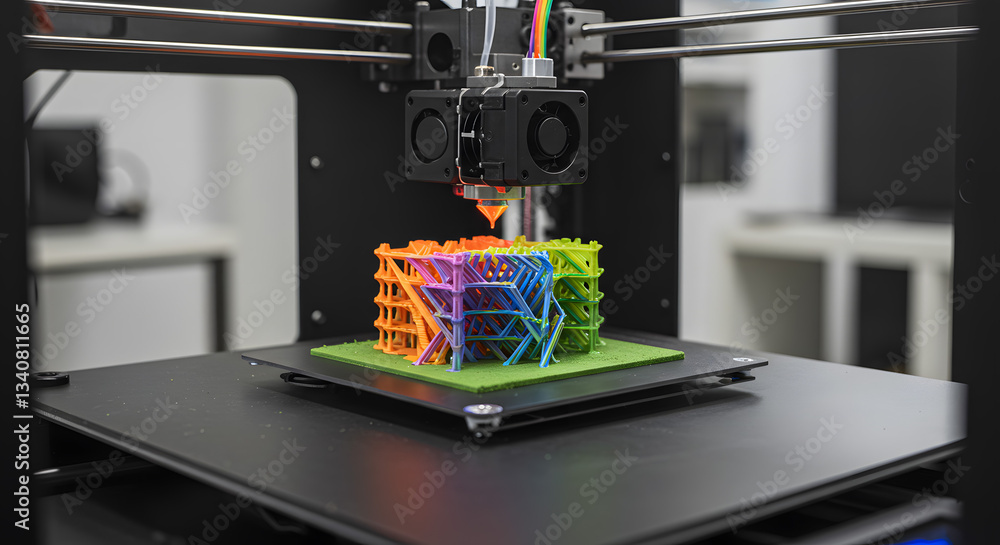 Poster 3d printing precision: a close-up shot captures a modern 3d printer in action, meticulously construc