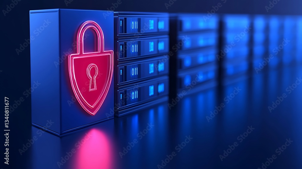 Poster secure data storage concept with neon lock symbol and server racks on glossy surface