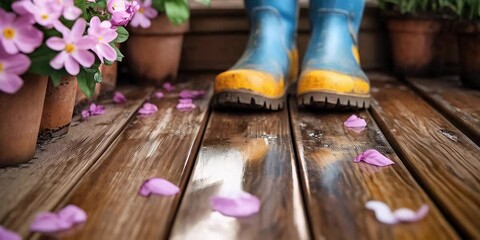 Bright rubber boots stand among blooming flowers in a garden during spring, showcasing vibrant colors and cheerful gardening vibes