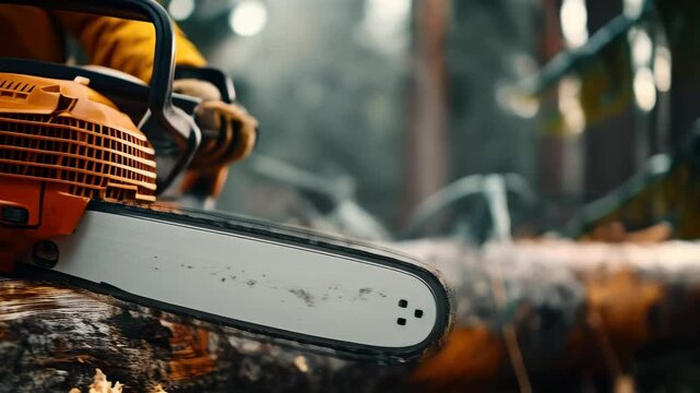Man using chainsaw to cut down tree in dense forest during daylight