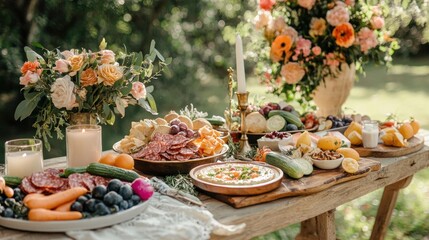Outdoor feast with floral arrangements abundant cheese and charcuterie on rustic wooden table in garden setting