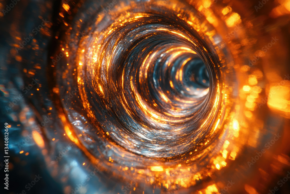 Poster a swirling vortex of vibrant orange and blue energy, creating a mesmerizing tunnel of light and moti