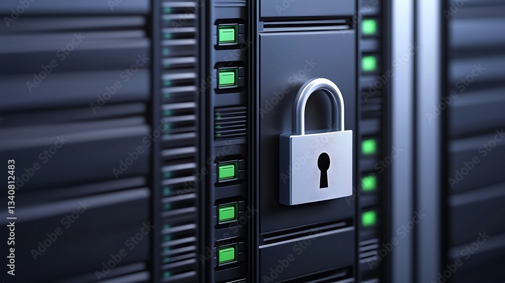 Poster secure data storage with padlock on server rack for data protection and cybersecurity concepts