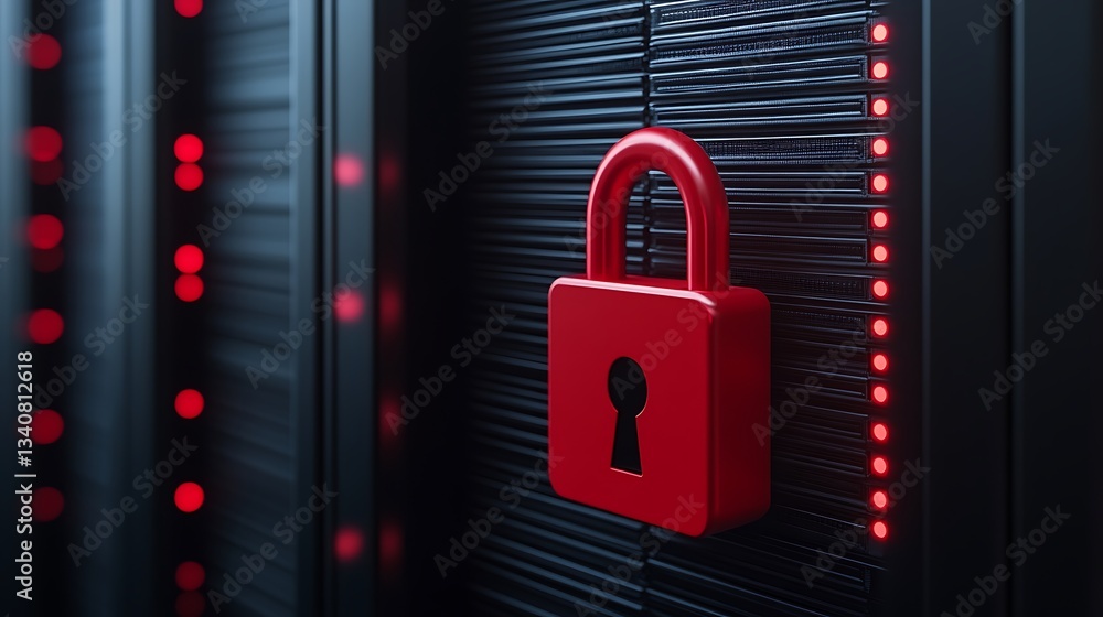 Poster secure data storage with red lock on black server rack highlighted by led lights