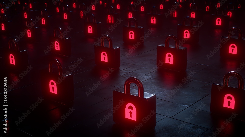 Poster secure digital data concept with numerous bright red padlocks on dark background representing cybers
