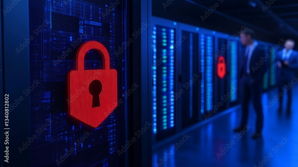 Poster secure digital environment with red padlock sign and server racks in modern data center