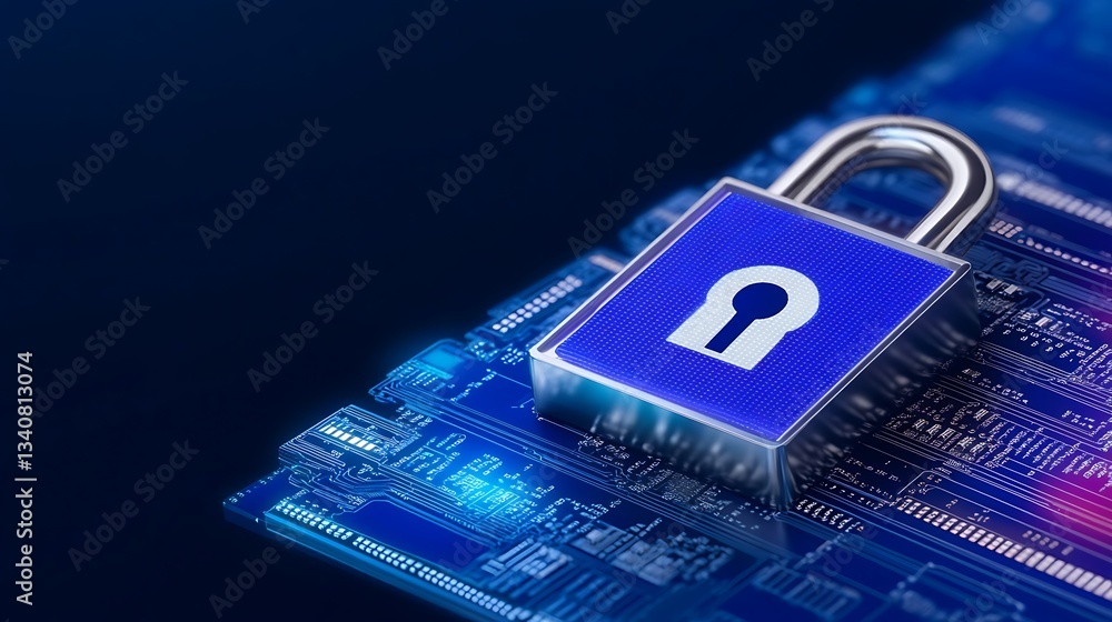Poster secure digital lock on circuit board background representing data protection and cybersecurity conce